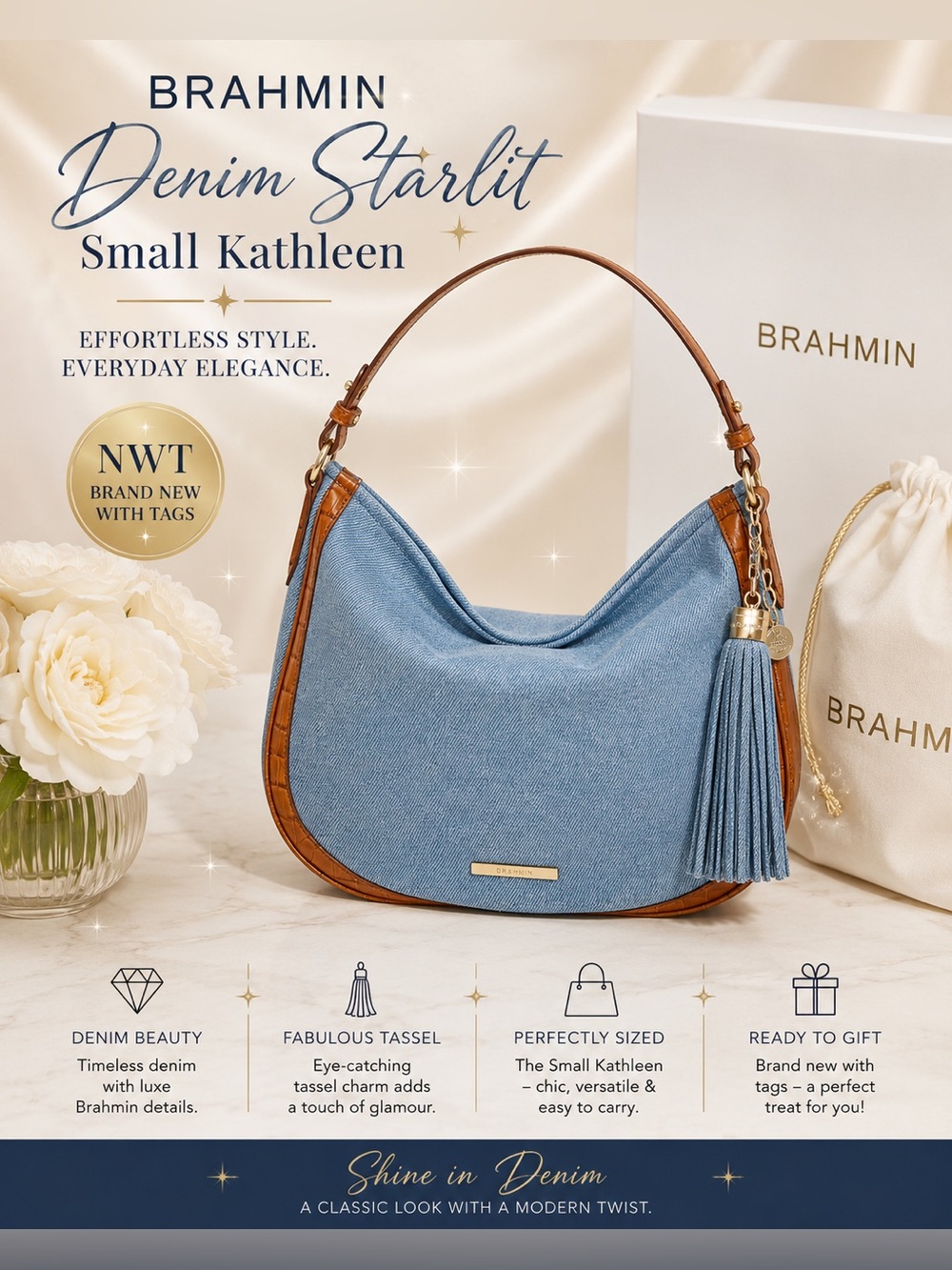 Brahmin Denim Starlit Small Kathleen bag  with fabulous tassel. NWT